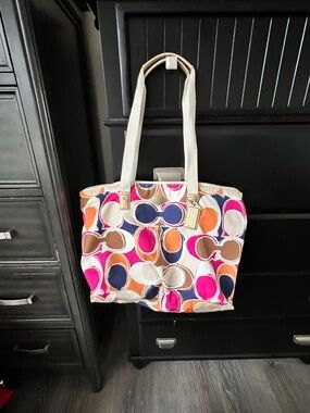 Coach Multicolor Circle Print Tote with Cream Straps